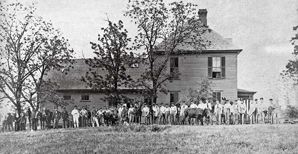 Veterinary students lined up in front of building