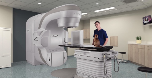 Varian Edge linear accelerator with technician and cat