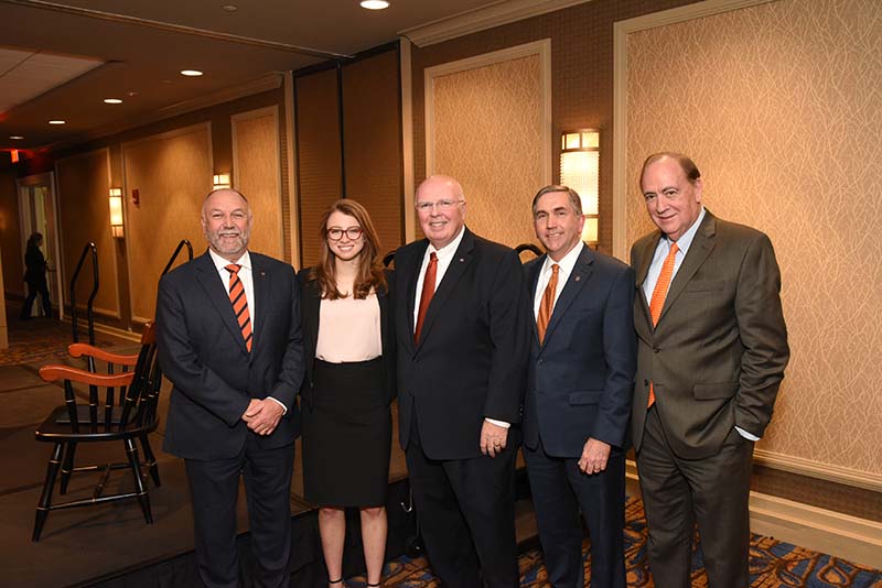 From left: AU President Steven Leath, Sarah Pitts, Dr. Tim Boosinger, Dean Calvin Johnson, and former AU President Jay Gogue