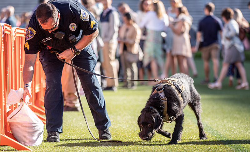 Sgt. Jim Perry and Ikia working at the stadium